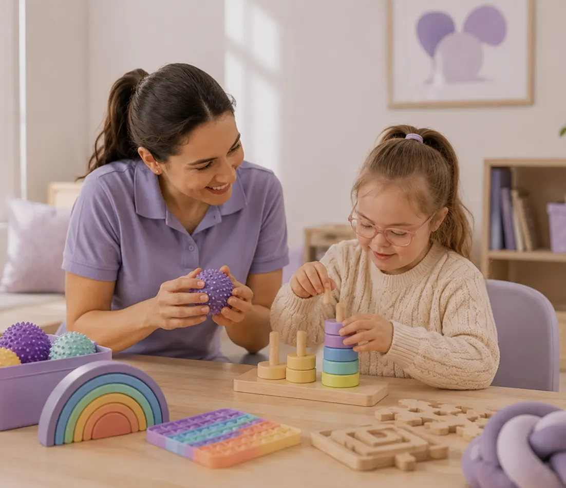 A woman smiling as she guides a young girl playing with a wooden ring-stacking toy at a table with sensory items.