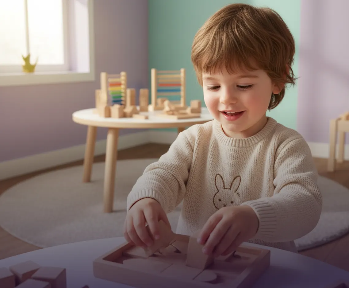 A young boy smiling while arranging wooden shape blocks in a brightly lit playroom.