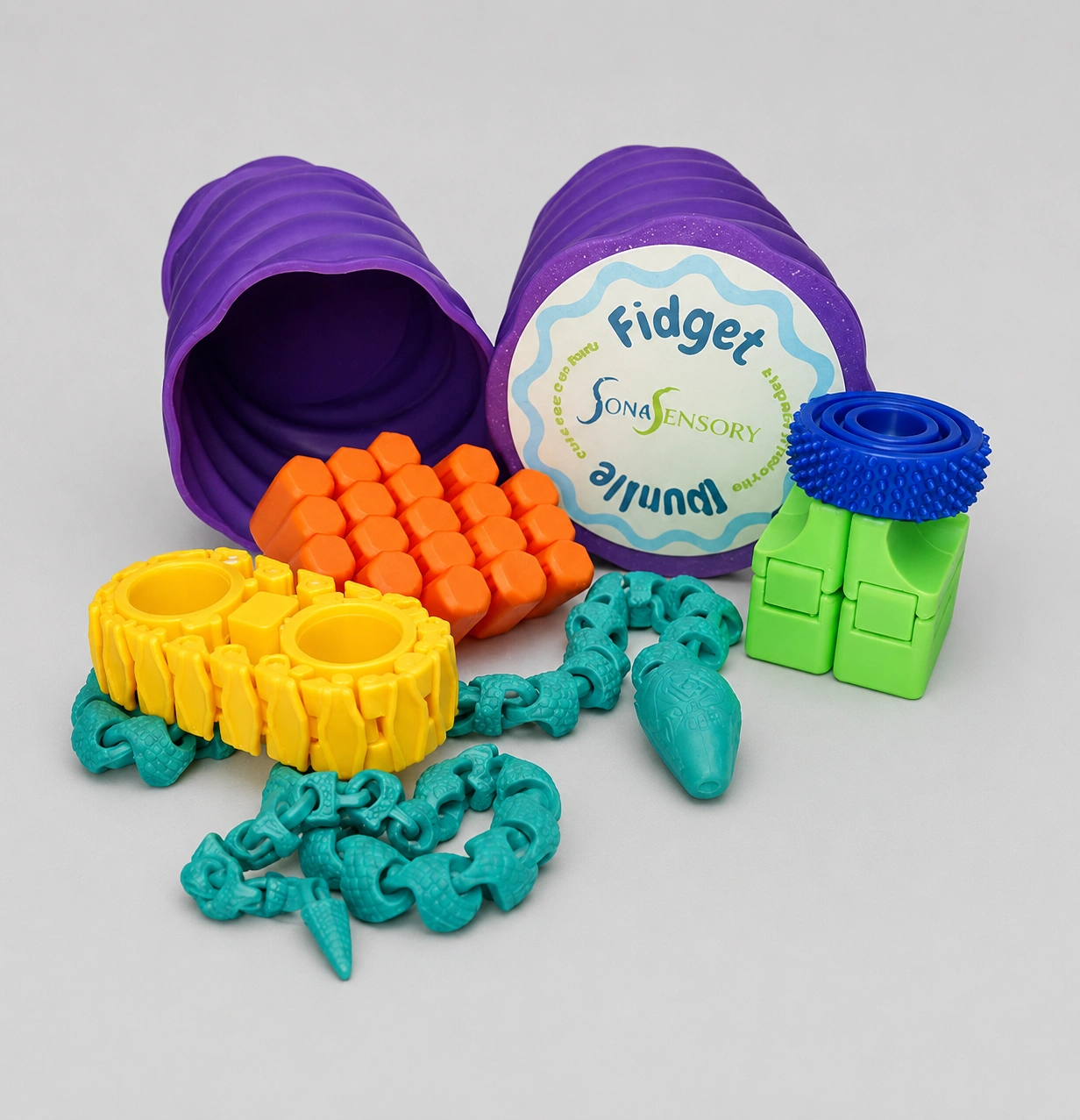 An assortment of colorful sensory fidget toys from Sona Sensory.