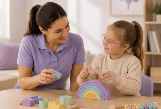 A woman and a young girl smiling and playing with wooden educational toys at a wooden table.
