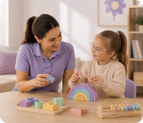A woman and a young girl smiling and playing with wooden educational toys at a wooden table.