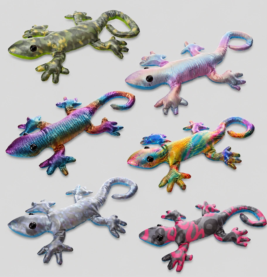 An assortment of colorful plush lizard toys on a gray background.
