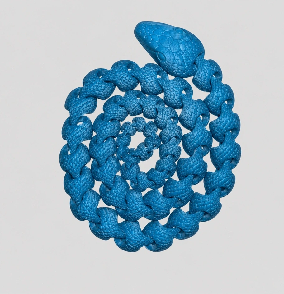 Vibrant blue 3D printed articulated snake toy.