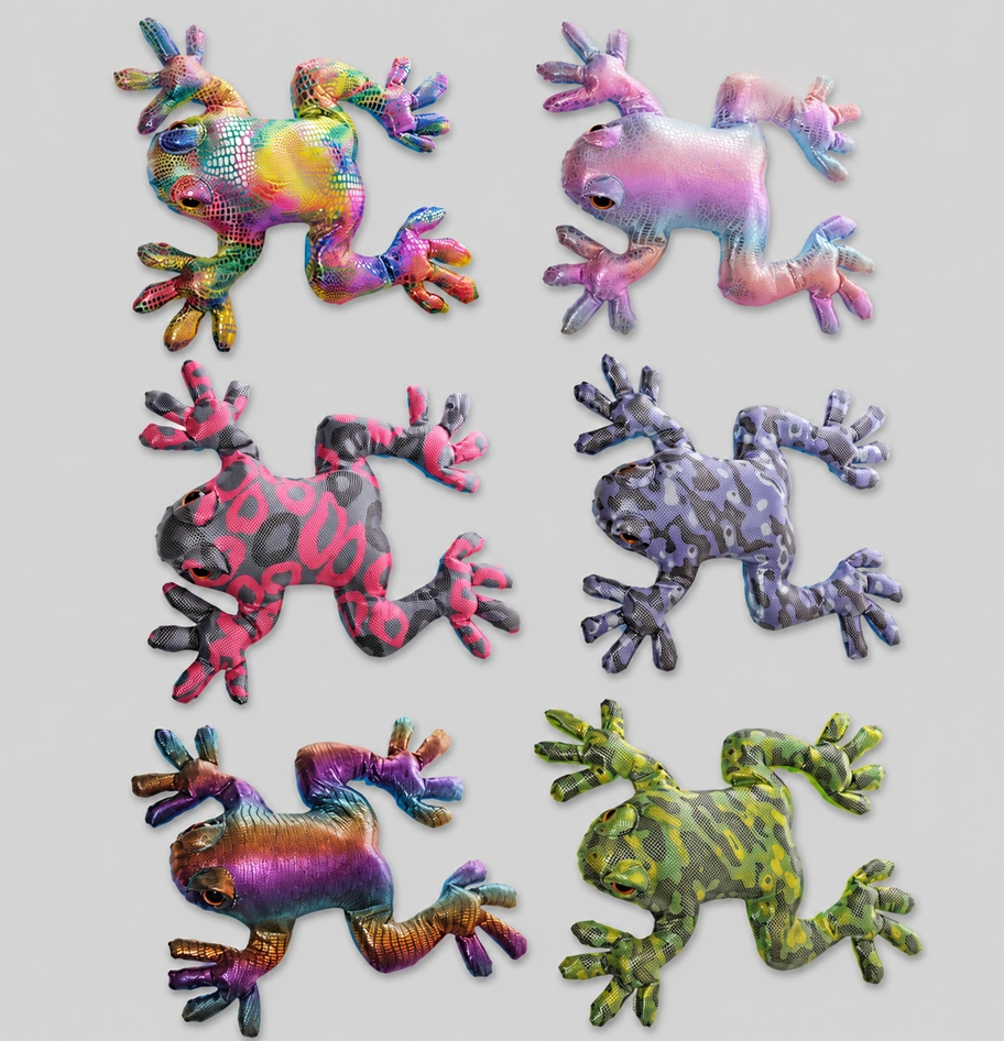 Six stuffed toy tree frogs shown from a top-down view in an assortment of vibrant, shimmering colors.