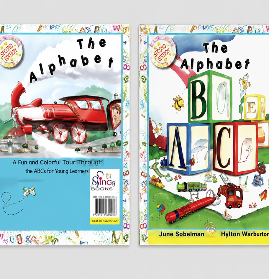 Front and back cover designs for a children's educational book titled 'The Alphabet Book' featuring colorful toy trains and alphabet blocks.