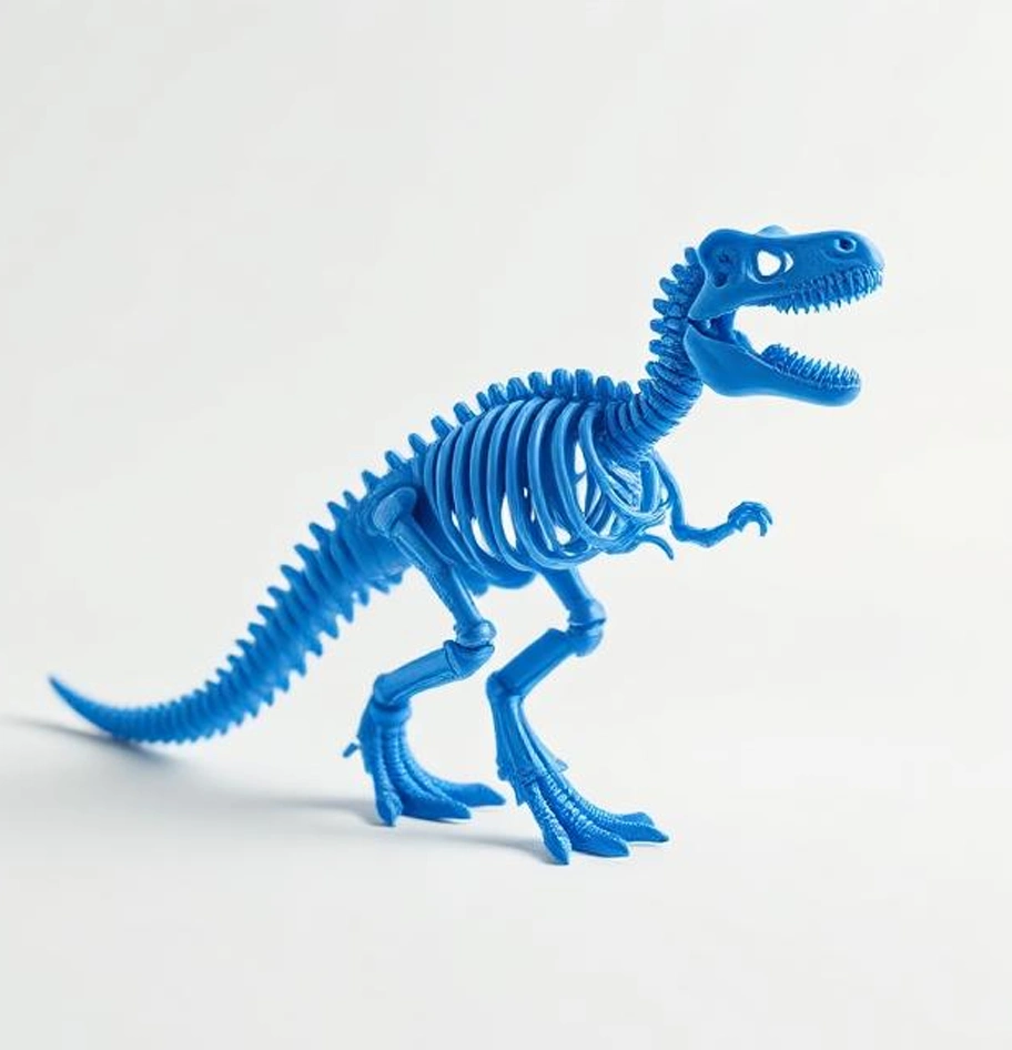 Blue 3D printed flexible T-Rex skeleton figure.