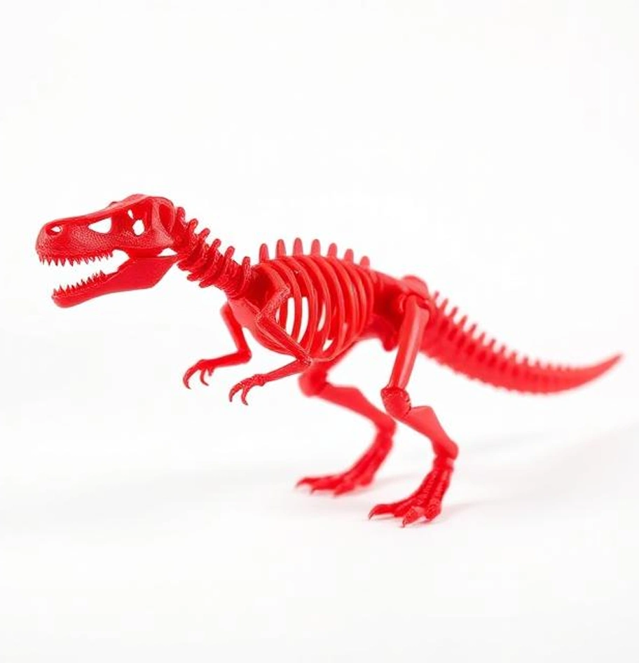 Red 3D printed flexible T-Rex skeleton figure.