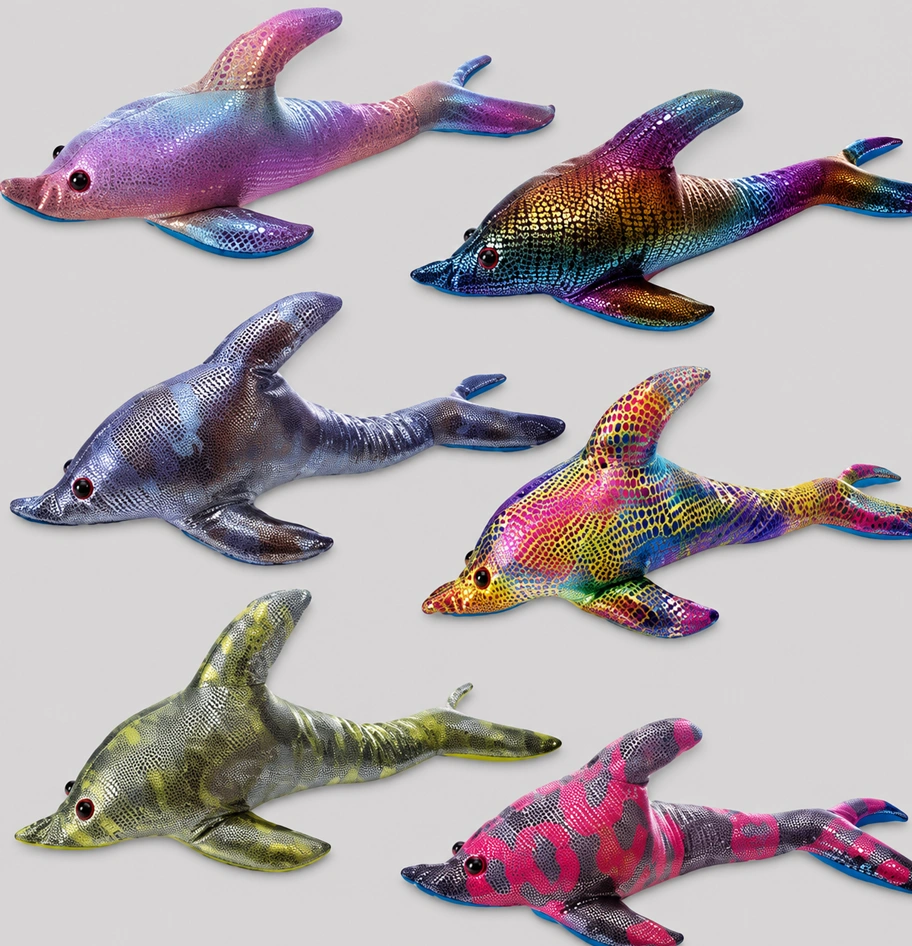 Six stuffed toy dolphins in an assortment of vibrant, shimmering colors and patterns.