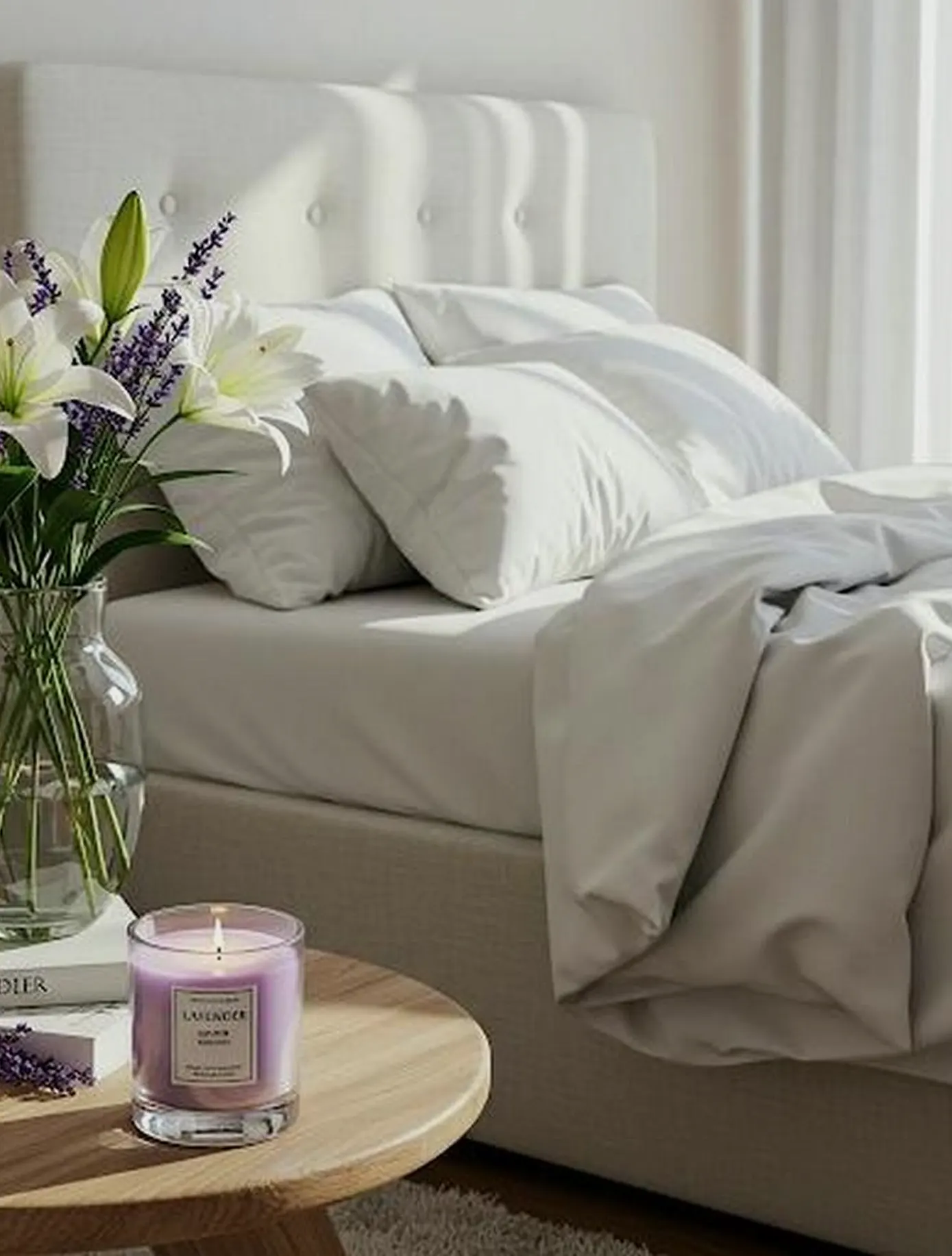 Cozy white bedroom setup with a lit lavender candle and fresh lilies on a wooden bedside table.