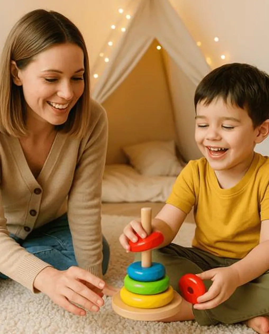 A woman and child playing with a developmental stacking toy indoors.