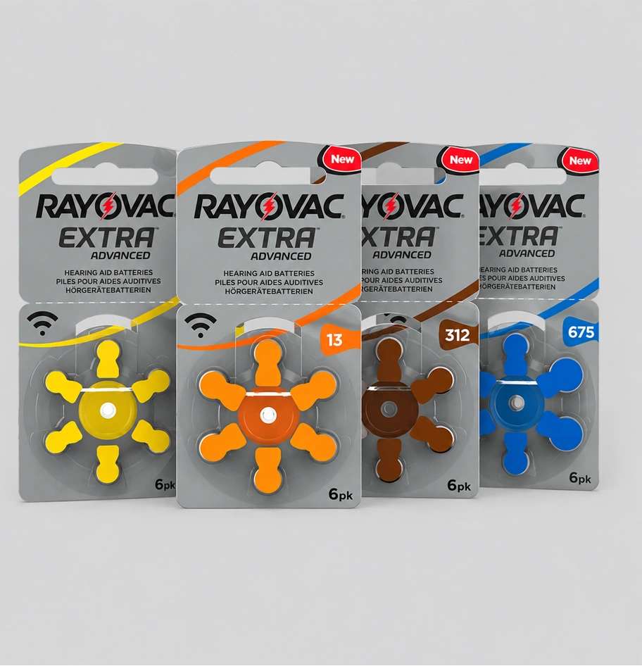 Four color-coded packs of Rayovac Extra Advanced hearing aid batteries.