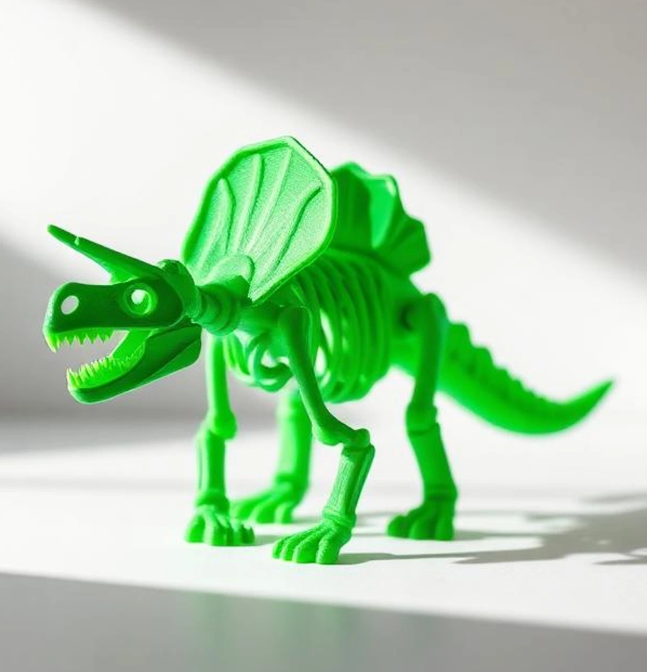 Green 3D printed flexible dinosaur skeleton figure.