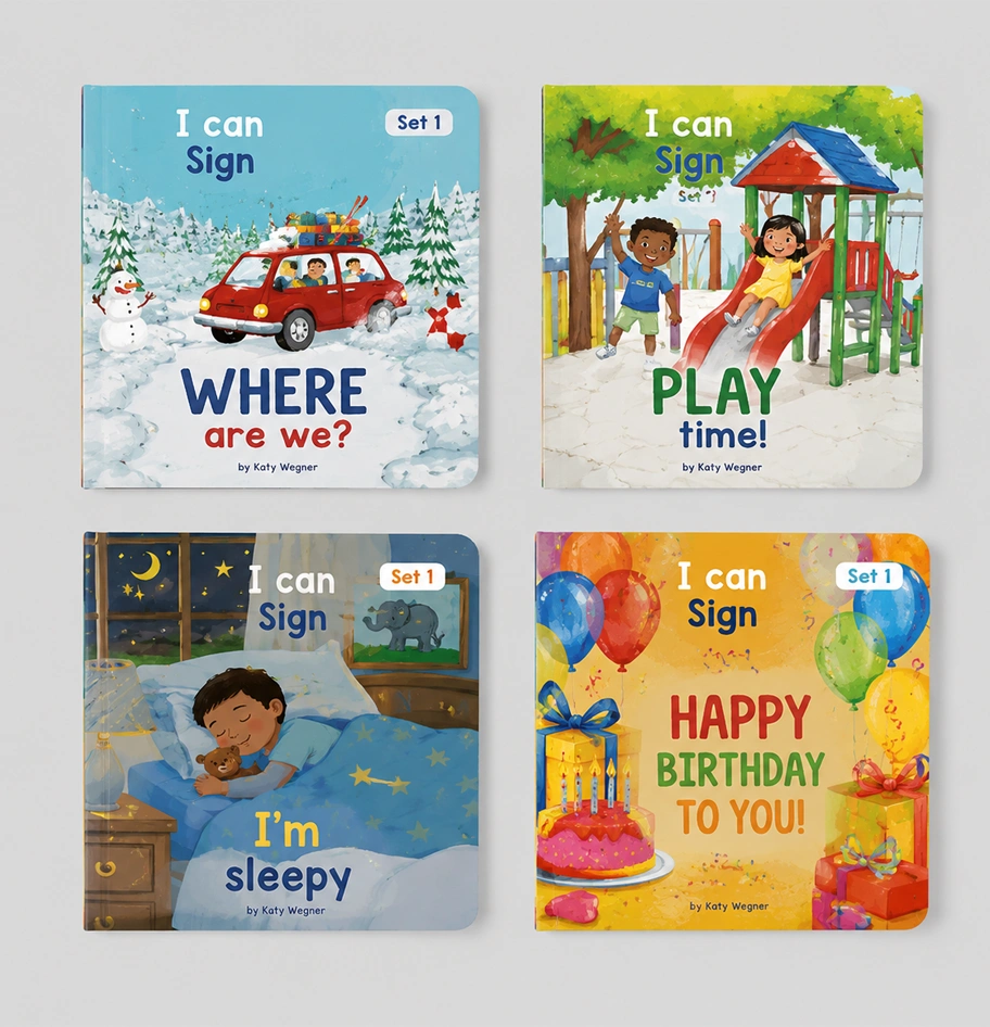 Four illustrated book covers from the 'I can Sign' children's book series.